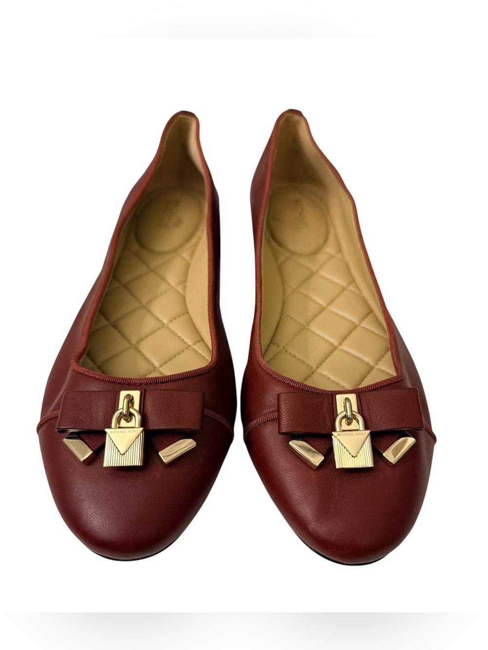 Michael Kors Wine Leather Bow Ballet Flats with Gold Hardware Size 11